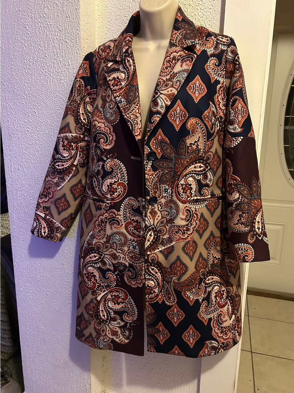 Chico's Paisley Patchwork Long Blazer Coat Neutral tones Chico size 1P US8-10